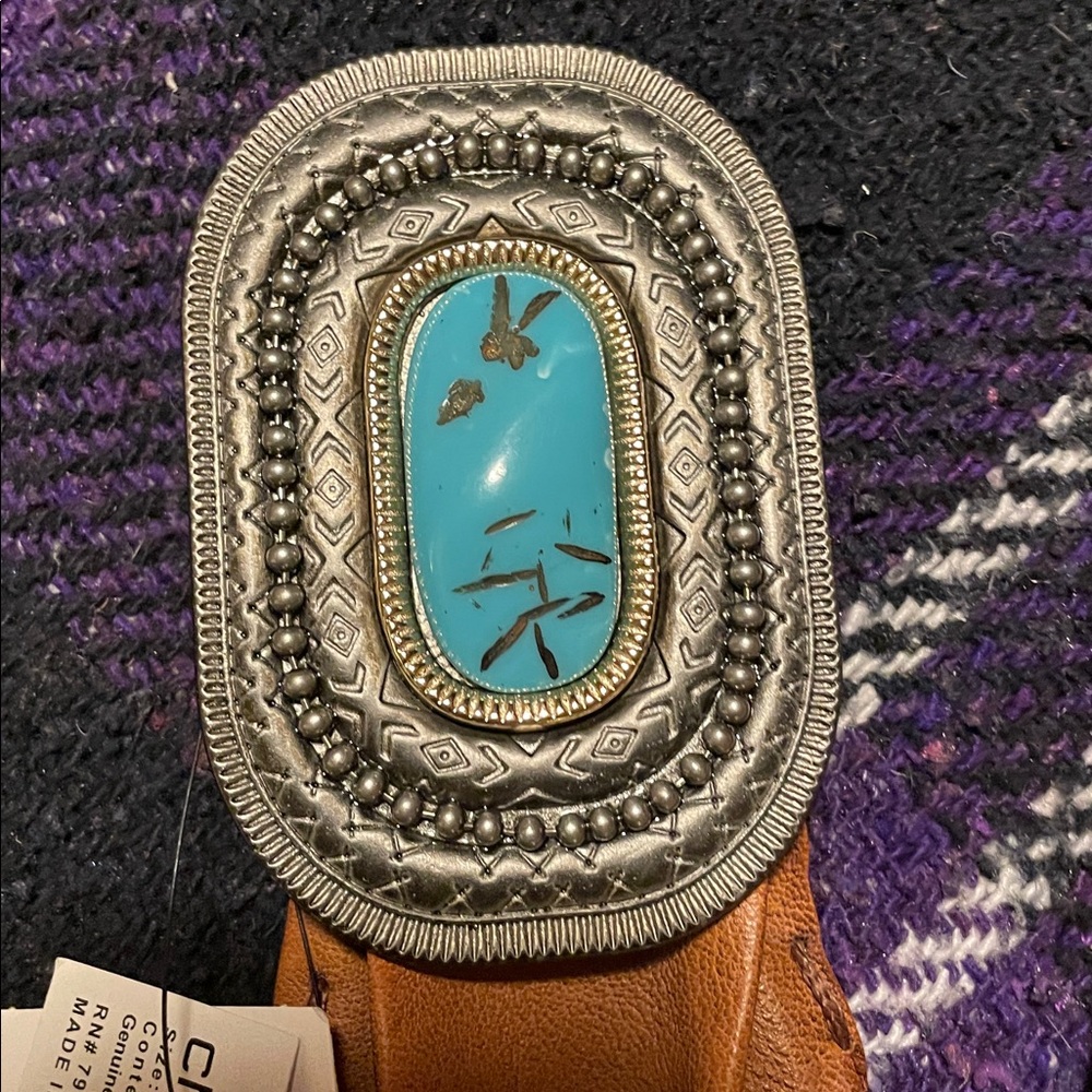 Chico's Tan Leather Belt with Turquoise Buckle - Picture 2 of 4